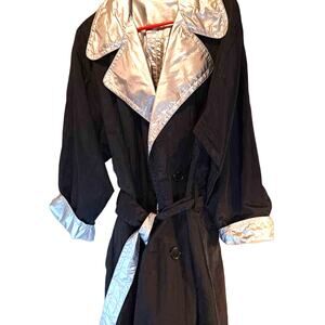 Reversible Women's Raincoat Black Shiny Silver Buttons Collar Belted Pockets M